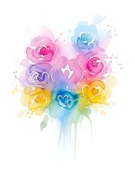 Watercolor roses bouquet with hearts in rainbow colors on white background. Romantic floral arrangement with paint drips for wedding invitations and greeting cards.