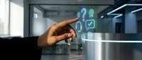 Hand touching holographic digital interface icons in modern office environment showcasing futuristic technology and smart workplace solutions.