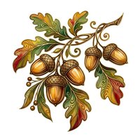 Decorative oak branch with acorns and autumn leaves in gold, green, and red tones, isolated on white background. Perfect for fall designs, clipart, and seasonal graphics.