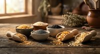 Assorted grains and seeds in wooden bowls and scoops on rustic table for healthy cooking and nutrition concepts.