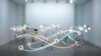 Modern digital network visualization with glowing data connections and circuit board elements floating in futuristic gallery space for technology presentations.