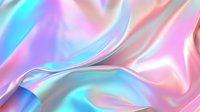 Smooth flowing holographic silk fabric with iridescent pink and blue colors creates ethereal waves and folds in soft pastel gradient background.