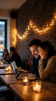 Happy couple using laptop together in cozy cafe with warm string lights and brick wall atmosphere for romantic date night or casual meeting.