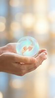 Hands holding glowing recycling symbol sphere representing environmental protection and sustainability with warm bokeh background.
