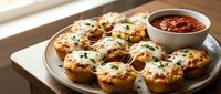 Golden baked mini quiches with melted cheese and fresh herbs served on rustic wooden board with tomato dipping sauce for breakfast or appetizer.