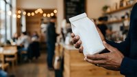 Close-up of male hands holding blank white product container in modern cafe setting with blurred customers and warm lighting in background.