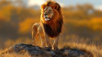 Majestic male lion standing on rocky outcrop at sunset, illuminated by golden light against blurred savanna background, showcasing powerful stance and full mane.