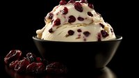 Creamy vanilla ice cream scoops topped with dried cranberries in black ceramic bowl, scattered berries on dark background. Elegant dessert photography.