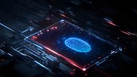 Glowing blue fingerprint scan on futuristic digital circuit board with red light effects. Advanced biometric security technology concept for cybersecurity and access control.