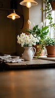Cozy kitchen interior with white flowers in ceramic pitcher on wooden table, warm pendant lighting and green plants creating inviting home atmosphere.