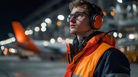 Young Caucasian male airport ground crew worker in orange safety vest and protective headphones looking up during night shift with blurred aircraft in background.