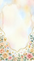 Soft watercolor birthday frame with roses, balloons, cake and gifts in pastel tones, gold border, copy space for greeting cards.
