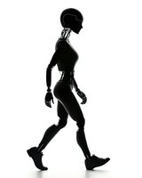 Silhouette of futuristic android walking in profile view against white background, showing mechanical joints and sleek robotic design. Isolated figure for creative projects.