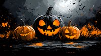 Glowing carved pumpkins with spooky faces against dark stormy sky with full moon and flying bats. Orange flames and sparks create mysterious Halloween atmosphere.