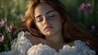 Young woman with closed eyes lying peacefully among purple wildflowers in soft natural light, serene expression, flowing brown hair, white lace dress.