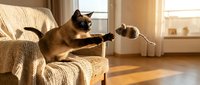 Playful Siamese cat stretching on beige armchair by sunny window in modern living room interior with wooden floor.