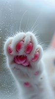 Close-up of white cat paw pressed against wet glass window showing pink paw pads and delicate fur details with water droplets creating dreamy atmosphere.