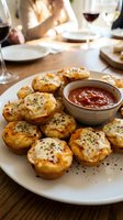 Golden puff pastry appetizers with melted cheese and herbs served with marinara dipping sauce on white plate for elegant dinner party or restaurant dining.