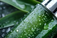 Fresh green glass bottle with water drops and condensation in macro view, natural light creates sparkle effect on wet surface. Suitable for beverage marketing.