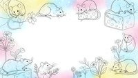 Adorable hand-drawn mice frame with pastel watercolor background, featuring cute rodents in various poses with flowers and cheese for children's designs.