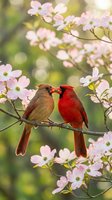 Cardinal pair perched on flowering dogwood branch in spring garden with soft bokeh background for romantic nature themes and seasonal decorating projects.