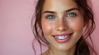 Young woman with bright blue eyes, freckles and braces smiling warmly against pink background. Natural beauty portrait showcasing dental care and orthodontic treatment.