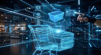 Digital shopping cart with holographic interface and futuristic technology elements for e-commerce and online retail business concepts.