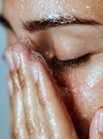 Close-up of wet face with water droplets, closed eye with long eyelashes and defined eyebrow, hands touching skin during skincare routine or face washing.