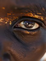 Close-up of dark-skinned female eye with gold glitter makeup and artistic sparkles creating magical beauty look for cosmetic and fashion concepts.