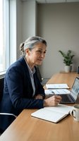 Senior woman with gray hair and light skin tone, wearing navy blazer and light shirt, working at wooden desk with laptop and documents in modern office setting.