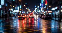 Blurred city street at night with wet pavement reflecting colorful neon lights and car headlights creating bokeh effect in urban downtown area.