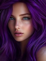 Young woman with vibrant purple hair and blue eyes in close-up portrait. Fantasy character with colorful hairstyle for creative projects and digital art.