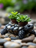 Decorative garden turtle sculpture with small succulent plants growing from pots on its shell, placed on smooth river stones, creating whimsical garden decor.