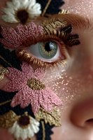 Close-up of blue eye with intricate floral embroidery art on face, featuring pink and gold flowers against glittery skin for fashion editorial.