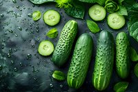 Fresh green cucumbers with sliced rounds and wet leaves on dark background with water drops, raw organic vegetables for healthy eating and salads.