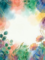 Watercolor floral frame with vibrant rainbow gradient background, botanical leaves and flowers in coral, teal, yellow and purple tones, isolated on white space for design projects.