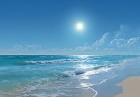 Tranquil turquoise ocean waves gently rolling onto sandy beach shore under bright sun and clear blue sky with scattered clouds. Perfect for travel and vacation concepts.