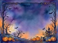 Watercolor Halloween frame with pumpkins, haunted house, bats, crescent moon, and spooky trees on purple night sky background with copy space.