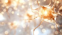 Golden neuron cell with glowing synapses and warm bokeh lights creating medical science background for neurological research and brain health concepts.