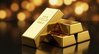 Shiny gold bars stacked on reflective surface with warm bokeh lights background for luxury investment and wealth concept.