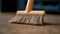 Natural bristle brush with wooden handle sweeping across textured brown carpet surface, macro close-up view showing fine bristle detail and soft focus background.