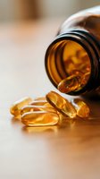 Golden omega-3 fish oil capsules spilling from amber glass bottle on wooden surface for health and wellness supplement nutrition concept.
