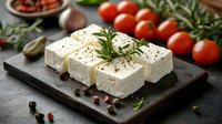 Fresh white cheese blocks topped with rosemary and peppercorns on slate board, surrounded by tomatoes and herbs for culinary and food styling projects.