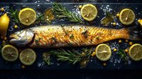 Grilled whole fish with lemon slices, fresh rosemary, and sea salt on dark stone background, overhead view of gourmet seafood preparation.