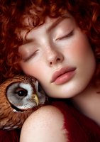 Young woman with natural freckles and curly red hair in gentle pose with barn owl. Dreamy artistic portrait featuring closed eyes and soft makeup in warm tones.