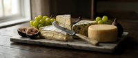 Assorted aged cheeses with fresh green grapes and knife on marble board, ideal for food styling, culinary content, restaurant menus, and gourmet food photography.