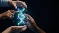 Business professionals collaborating to protect glowing DNA helix with hands, representing genetic research, biotechnology innovation and scientific teamwork.