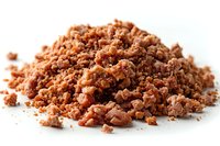 Fresh cooked and crumbled ground meat on white background, close-up view perfect for cooking, recipe, and food service industry designs and presentations.