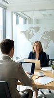 Professional business meeting between Caucasian female executive and male colleague in modern office with world map discussing global strategy and partnerships.