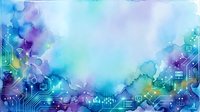 Abstract digital technology background with watercolor blend of blue, purple, and cyan tones featuring circuit patterns, data icons, and network symbols for tech presentations.